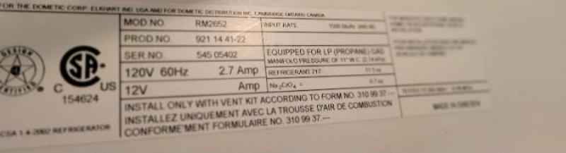 Dometic Rm2652 RV Fridge Propane and Electric Two Way