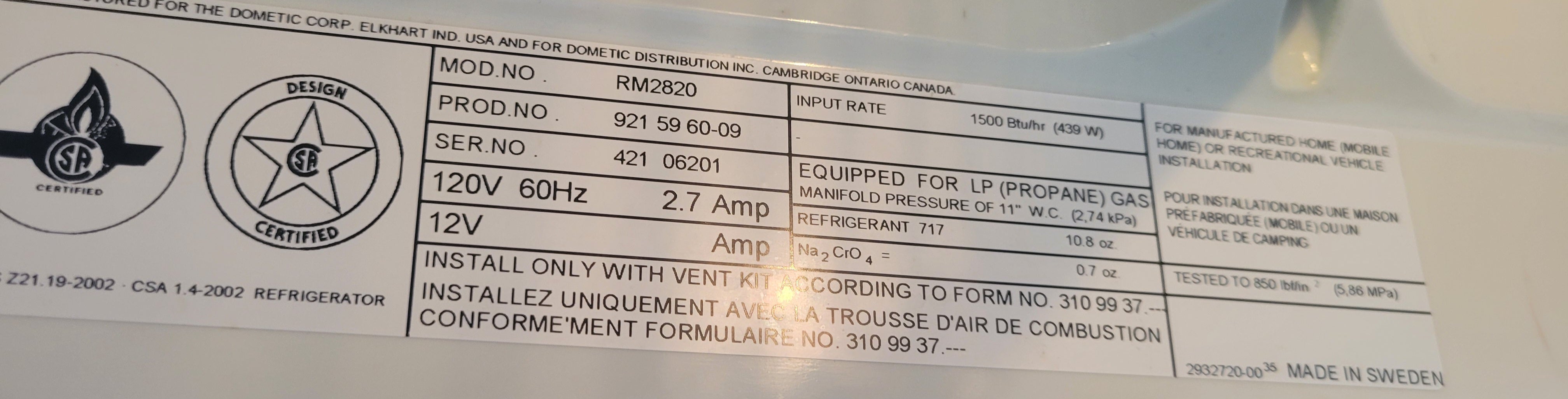 Dometic RM2820 RV Refrigerator – Propane & 110V Electric