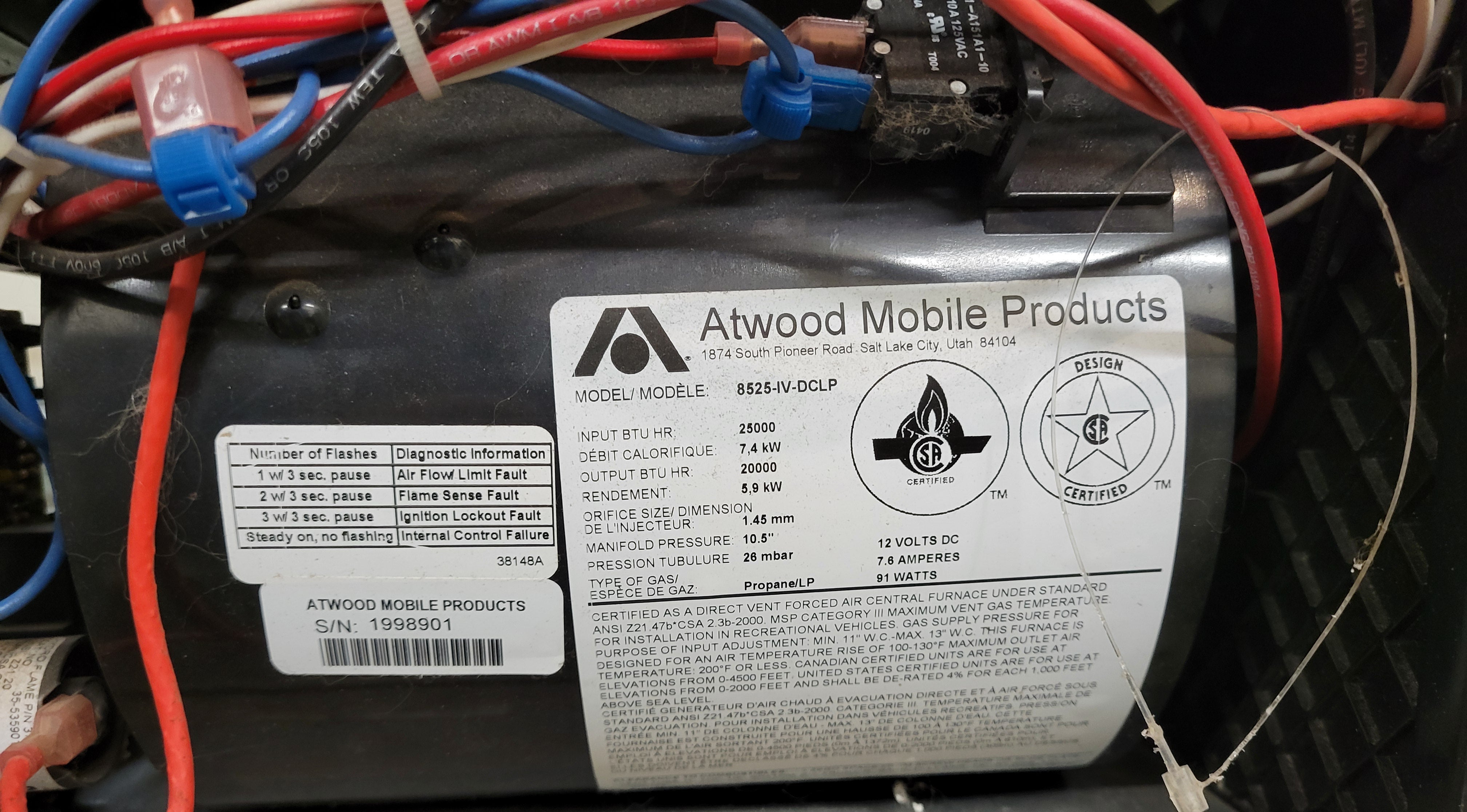 Atwood RV Propane Furnace 25000 BTU 8525-IV-DCLP