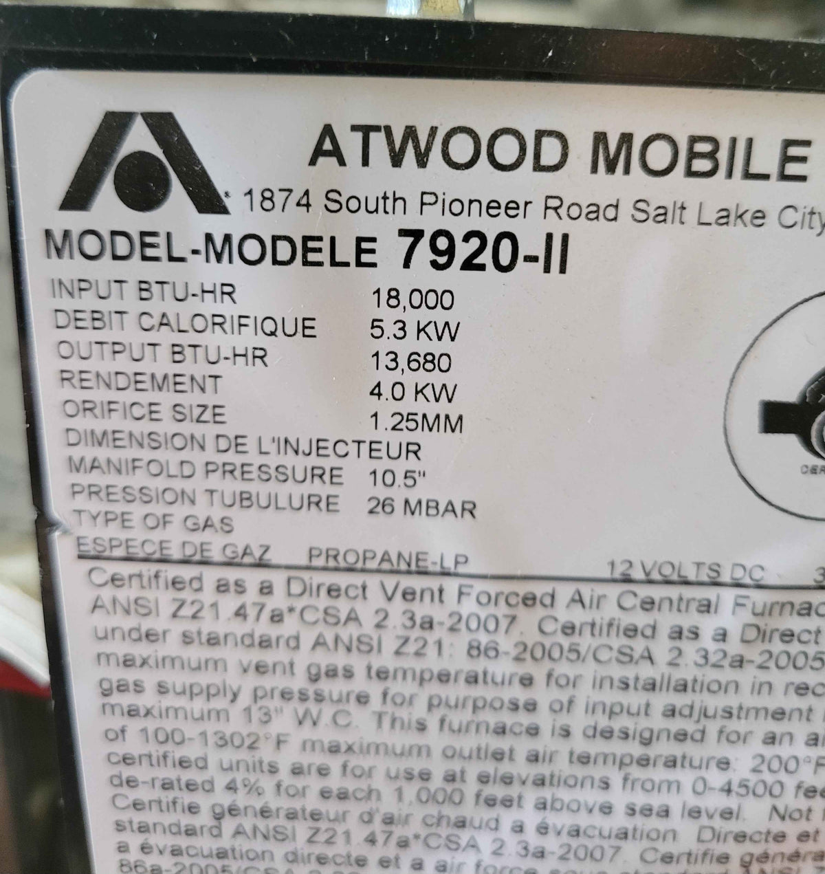 Atwood / Hydroflame 7920-II RV Propane Furnace