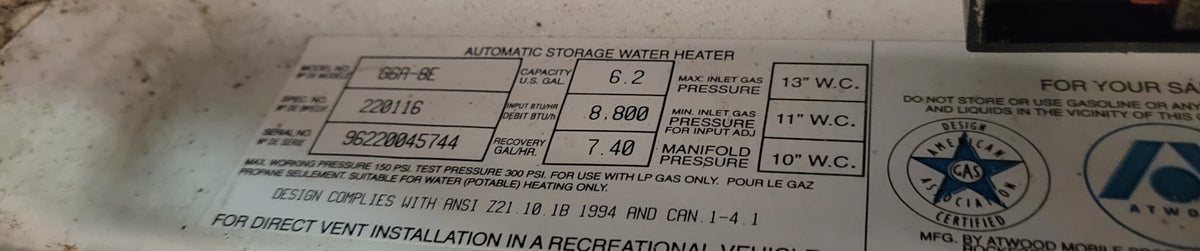 Chauffe-eau au propane pour VR Atwood G6A-7 SPK