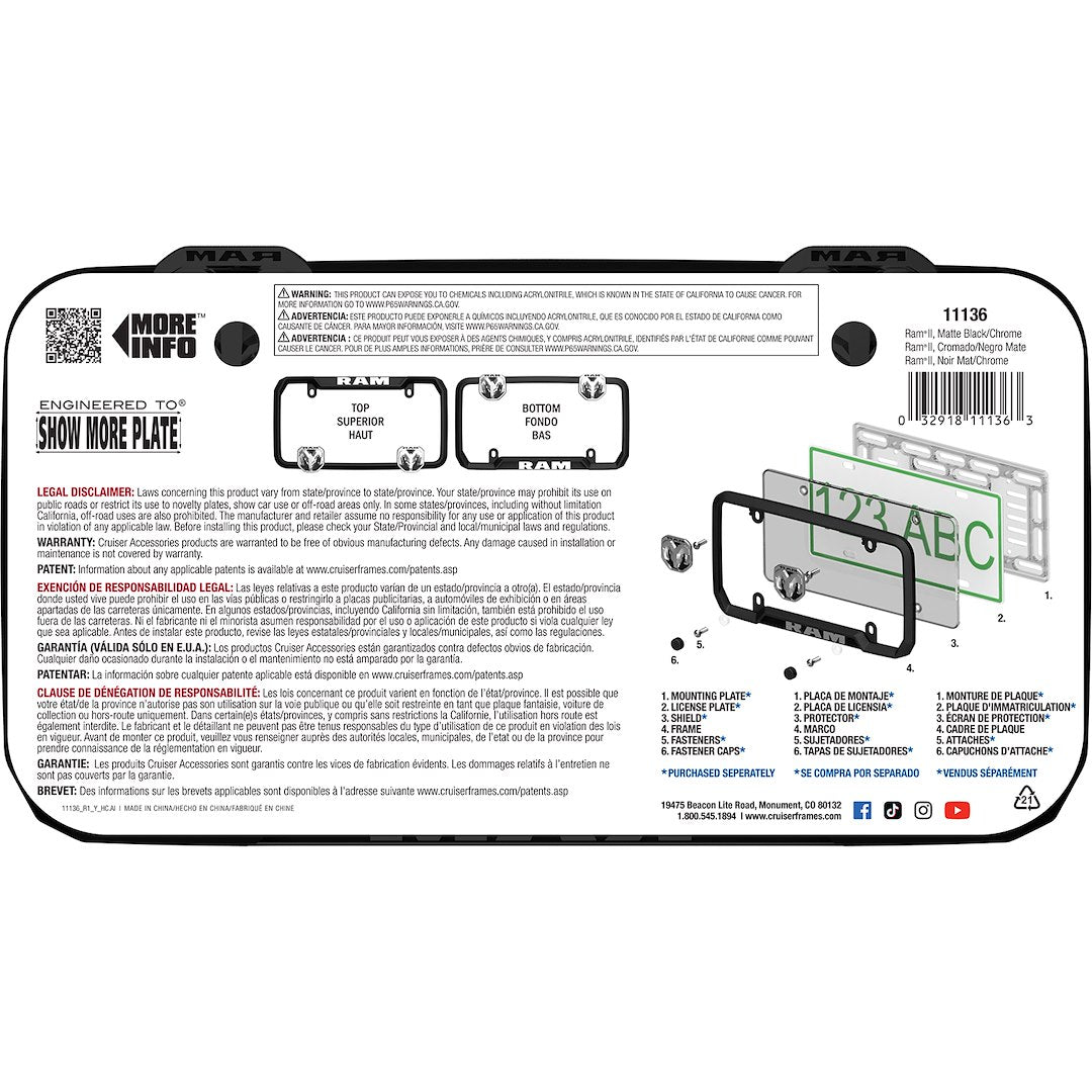 Cruiser 11136 Matte Black RAM License Plate Frame - image 3
