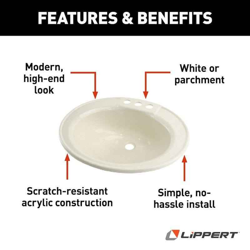 RV Oval Sink – Drop-In, Parchment, 3-Hole Faucet Mount