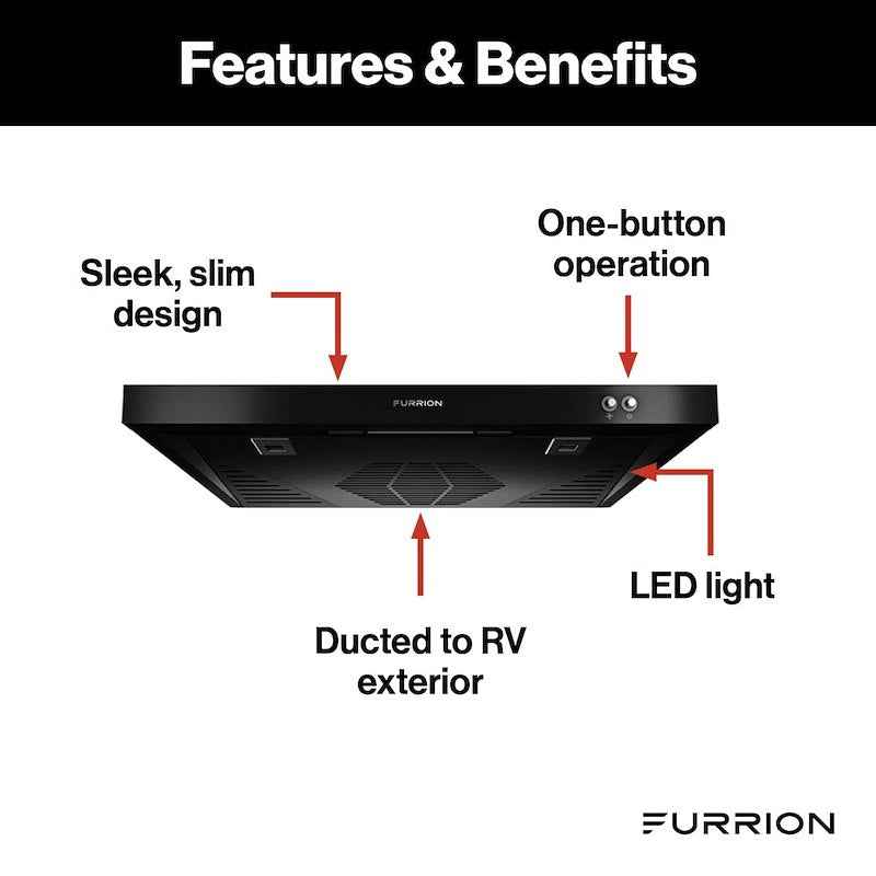 Furrion 12V DC Ductless RV Stove Vent Hood FHO23SACRV-BL – 23.5" Black