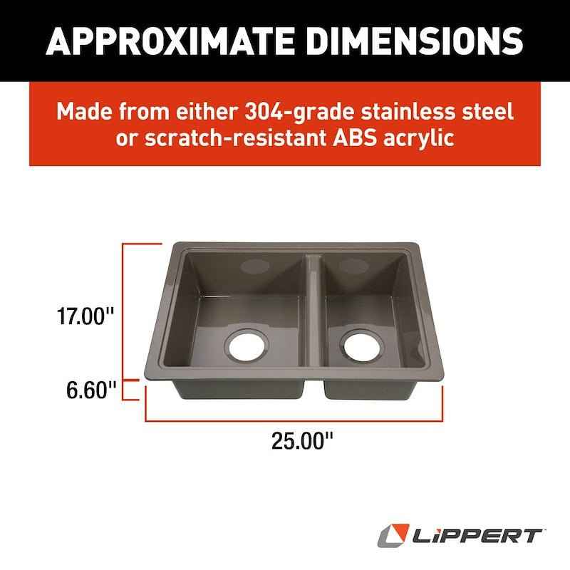 25" Double Bowl RV Kitchen Sink – Gray ABS Drop-In