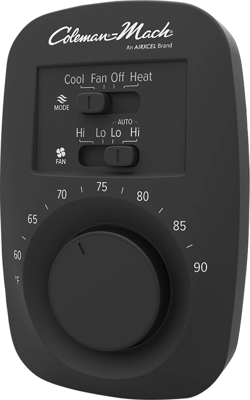 Coleman-Mach Wall Thermostat – 12V DC, Single Stage, Heat/Cool, Mechanical Control, Black