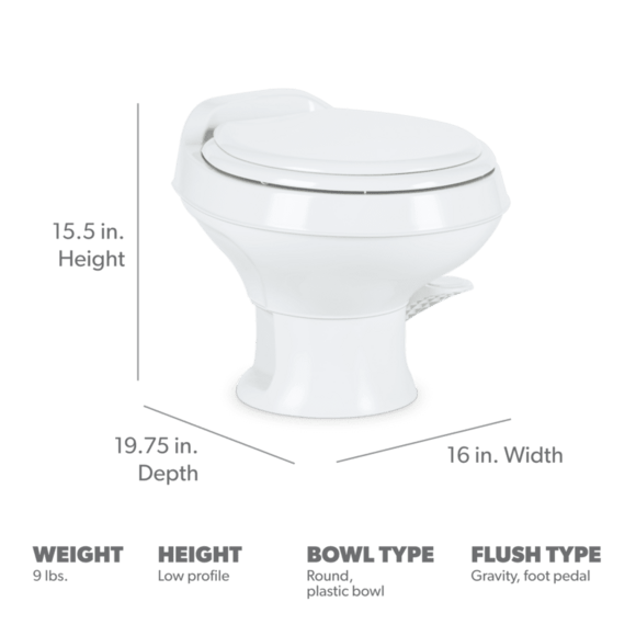 Dometic 301 Series RV Toilet – Permanent, Pedal Flush Control, White, Round