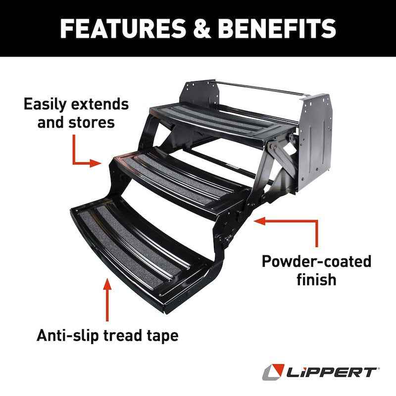 Lippert 3-Step Manual RV Entry Step 432687 – 24" Wide, Black Steel