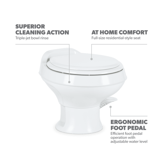 Dometic 301 Series RV Toilet – Permanent, Pedal Flush Control, White, Round