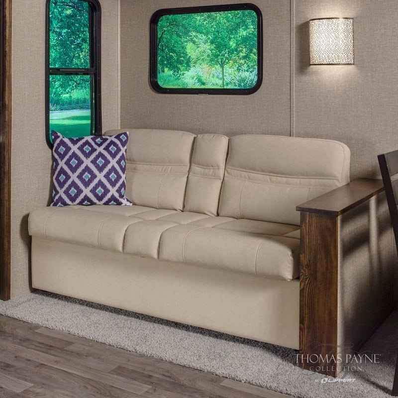 62" Jackknife RV Sofa – Altoona Beige – 2-Seater with Fold-Down Center & Cupholders