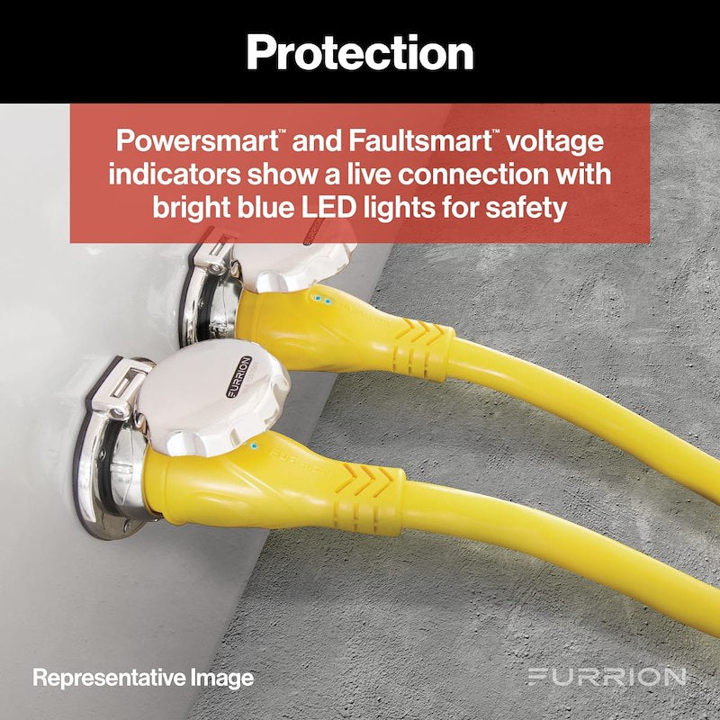 Adaptador de cable de alimentación Furrion FP5515-SY de 15 A a 50 A para vehículos recreativos y embarcaciones – Indicador LED