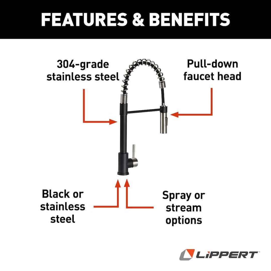 Lippert 2022109922 Kitchen Faucet - Black, Coil-Spring Pull Down