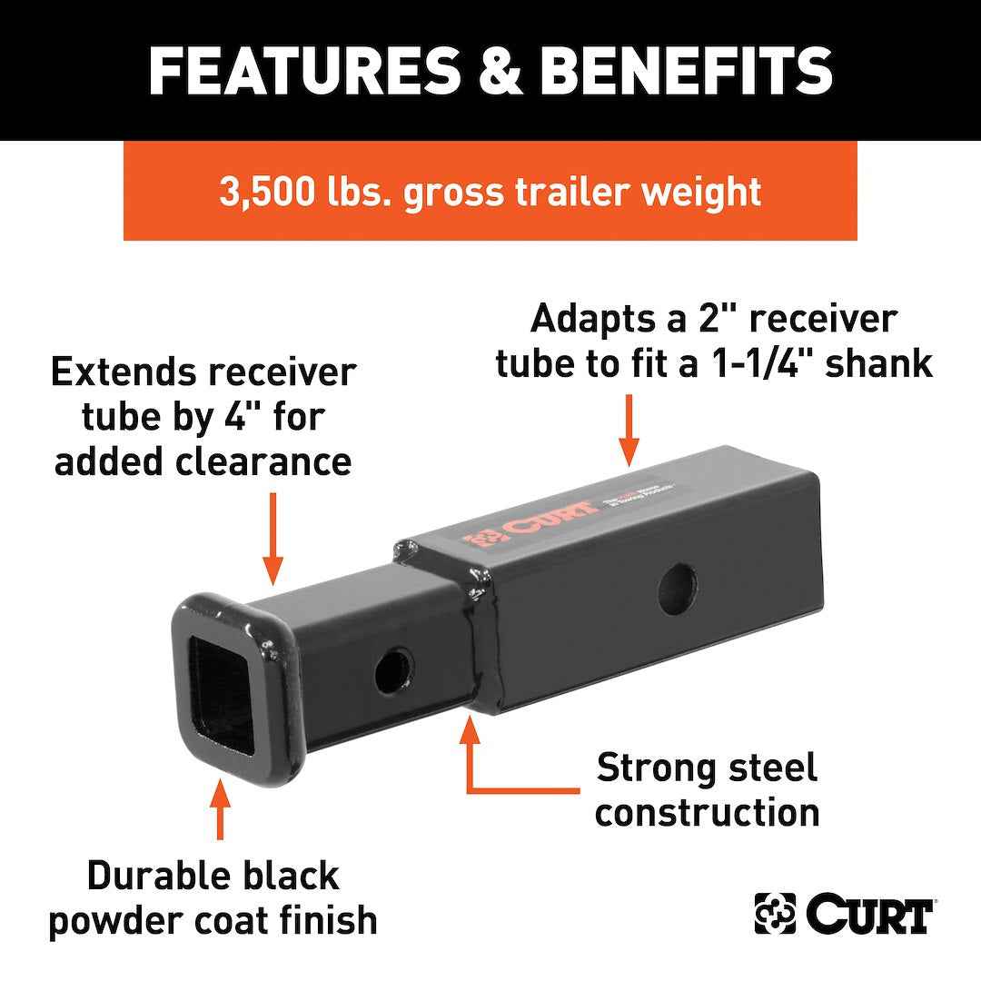 CURT 45770 Receiver Adapter - 2 in To 1-1/4 in, 4 in Long