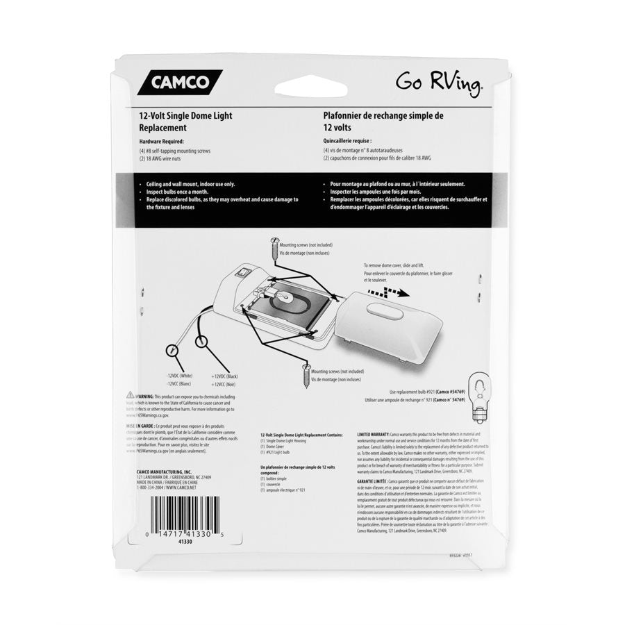 Camco Dome Light (41330) – Length (In): 12 Inch