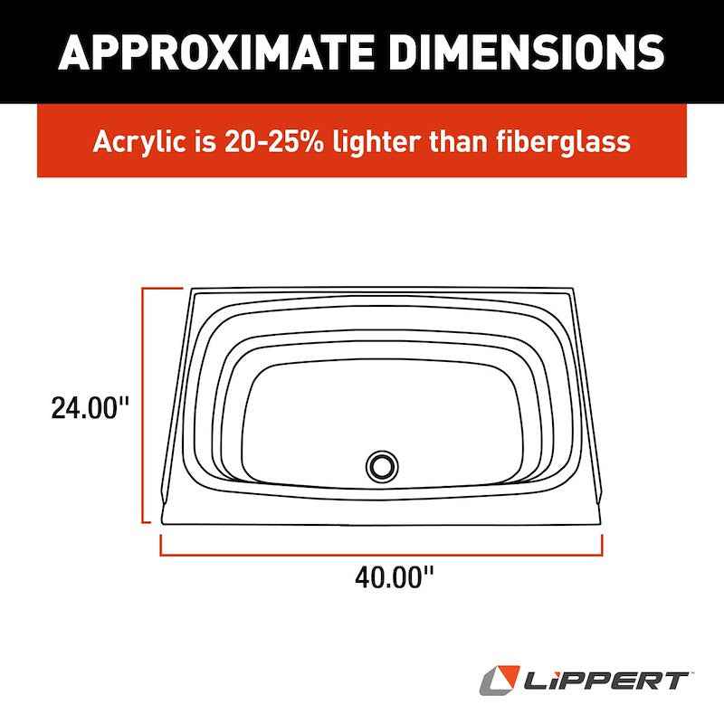 Lippert Better Bath 209385 24" x 40" RV Bathtub – Center Drain