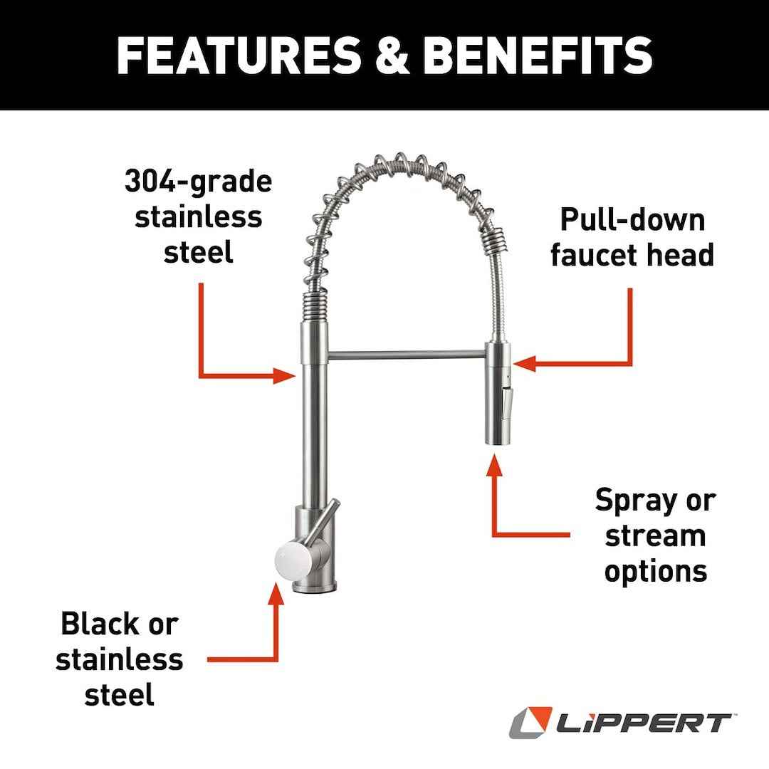 Lippert 719323 Kitchen Faucet - Silver, Coil-Spring Pull Down