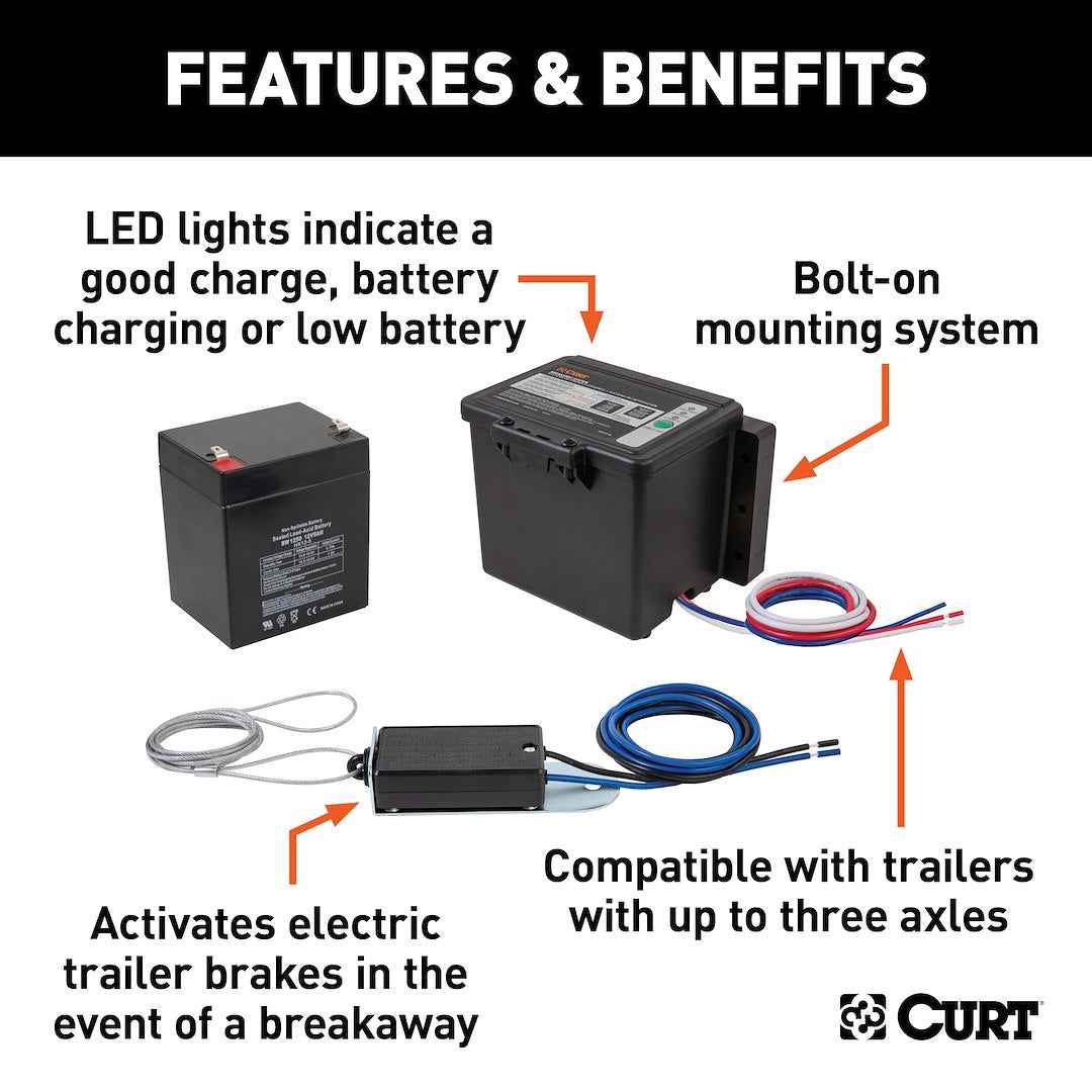 CURT 52044 Trailer Breakaway System Kit - 1 To 3 Axles