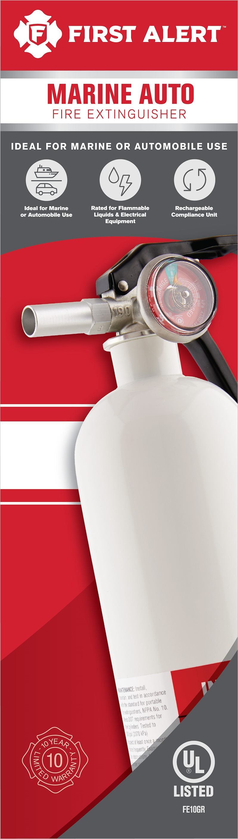 First Alert AUTOMAR10 Marine Fire Extinguisher 2.5 lb UL Rated 10-B:C White