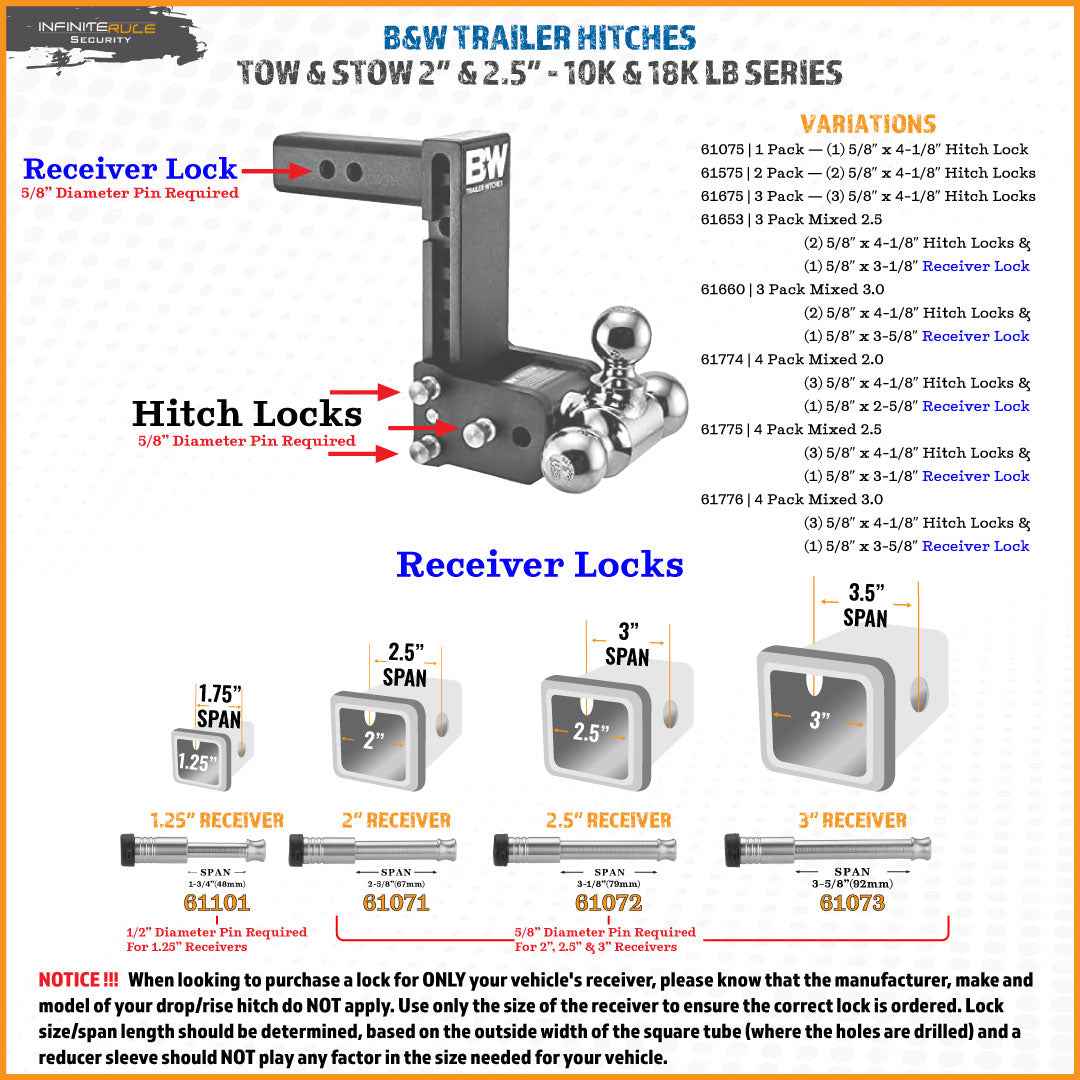 InfiniteRule 61775-S Locking Hitch Pin Set - Stainless Steel