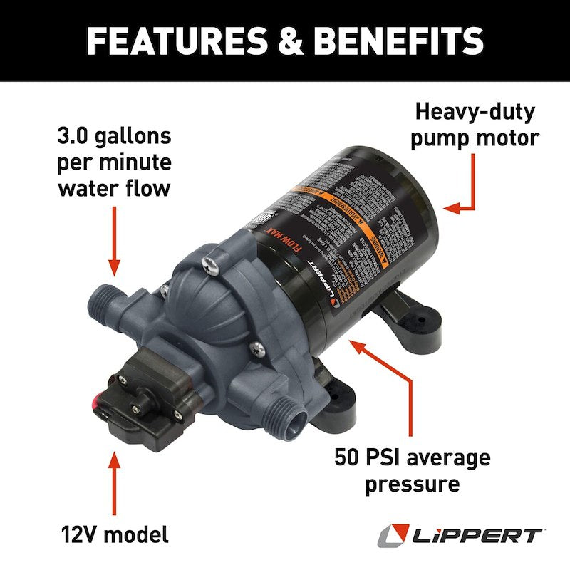 Lippert 689052 Flow Max 12V RV Fresh Water Pump – 3.2 GPM 45 PSI