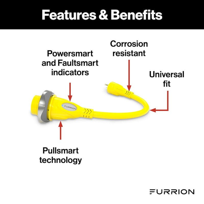 Adaptador de cable de alimentación Furrion FP5515-SY de 15 A a 50 A para vehículos recreativos y embarcaciones – Indicador LED