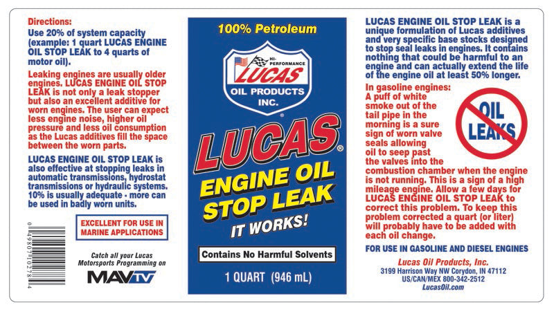 Lucas Oil 10278 Engine Oil Stop Leak, Quart