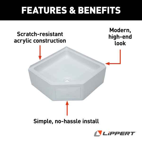 Lippert Better Bath 325246 27" x 27" RV Corner Shower Pan – Center Drain