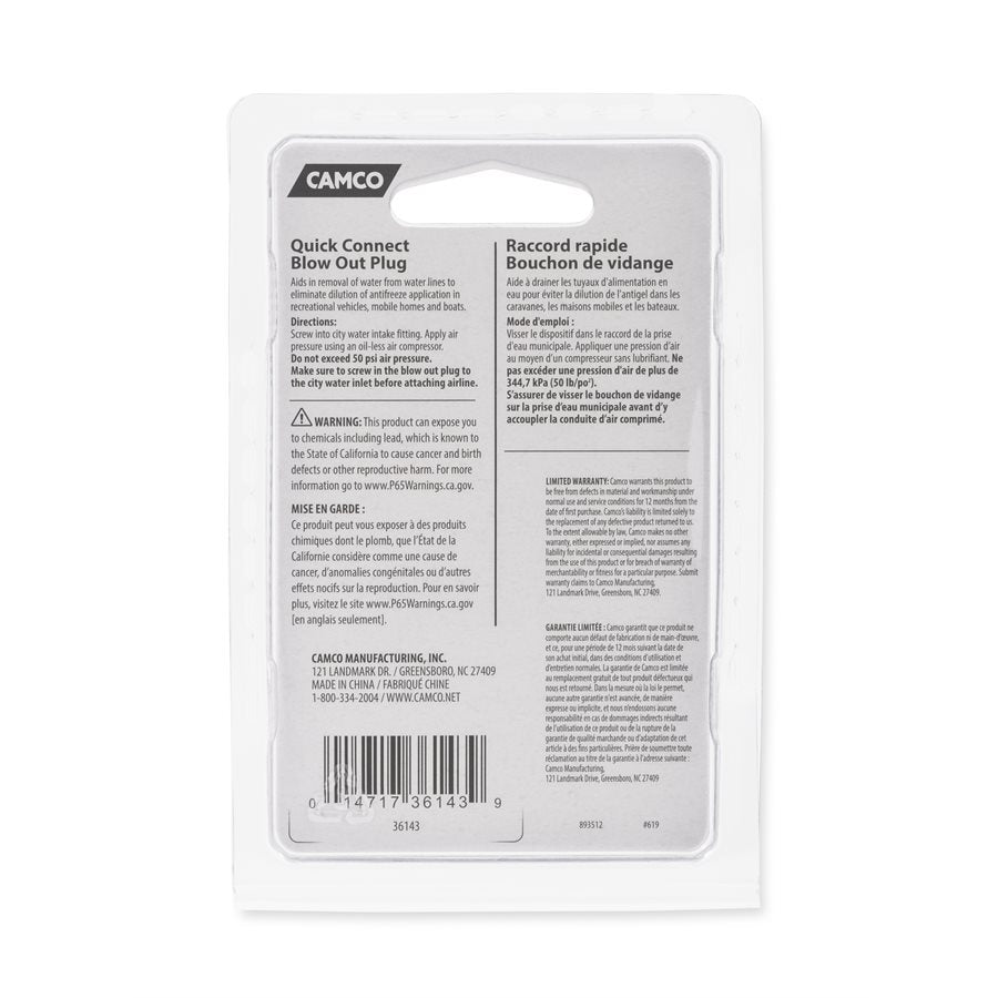 Camco Water System Blow Out Plug (36143) – Material: Brass