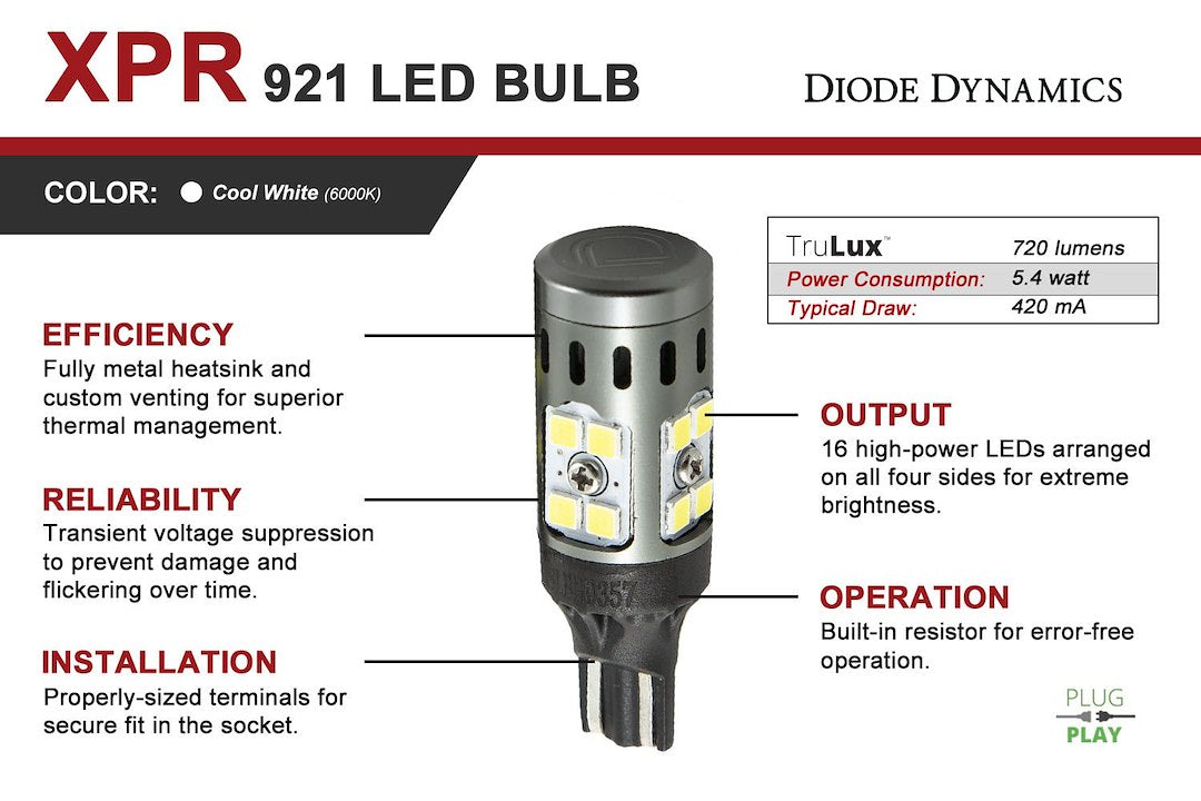 Diode Dynamics Dd0394p 921 XPR Cool-White LED Backup Bulbs