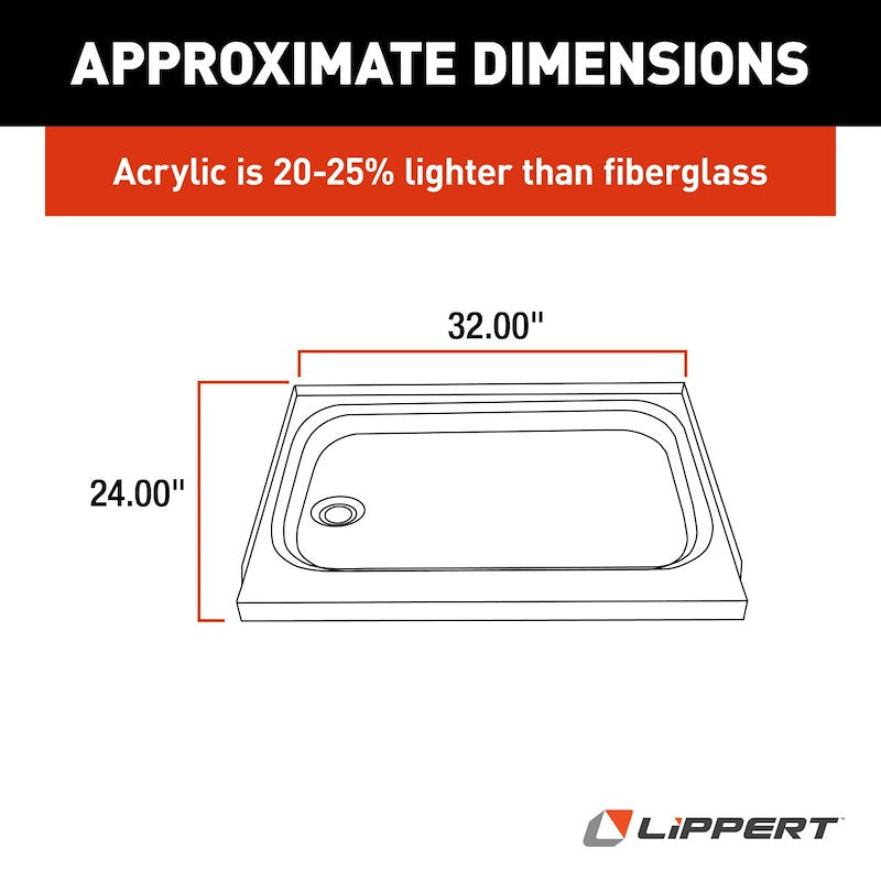 Lippert Better Bath 210369 24" x 32" RV Shower Pan – Left-Hand Drain Colonial