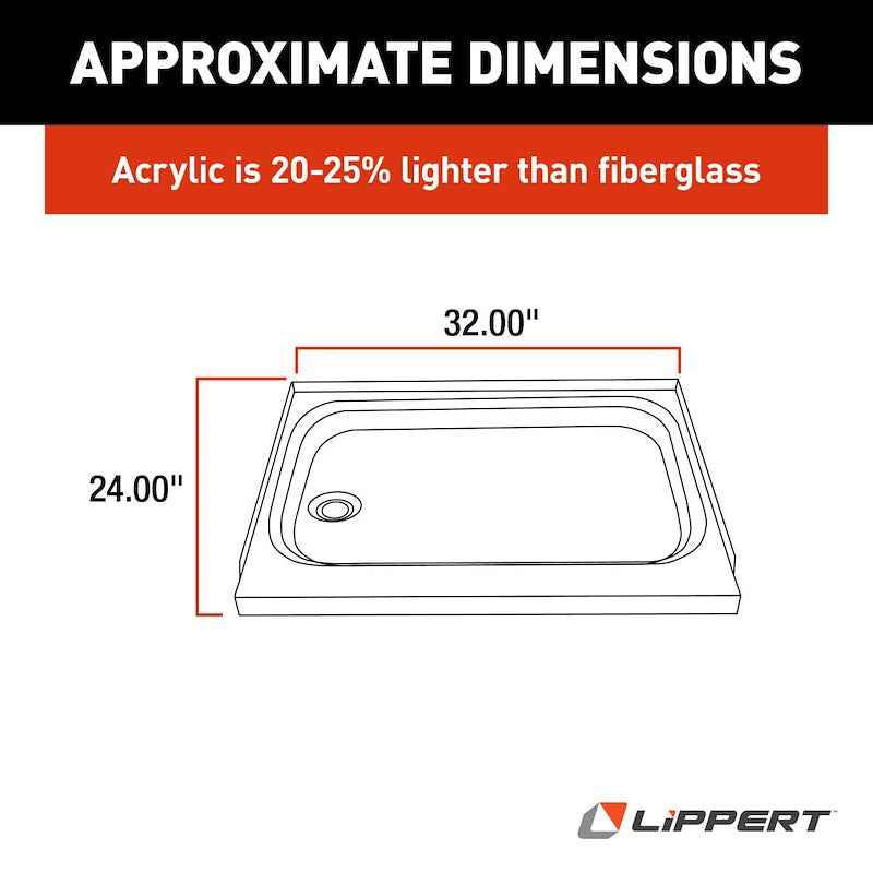 Lippert Better Bath 210369 24" x 32" RV Shower Pan – Left-Hand Drain Colonial
