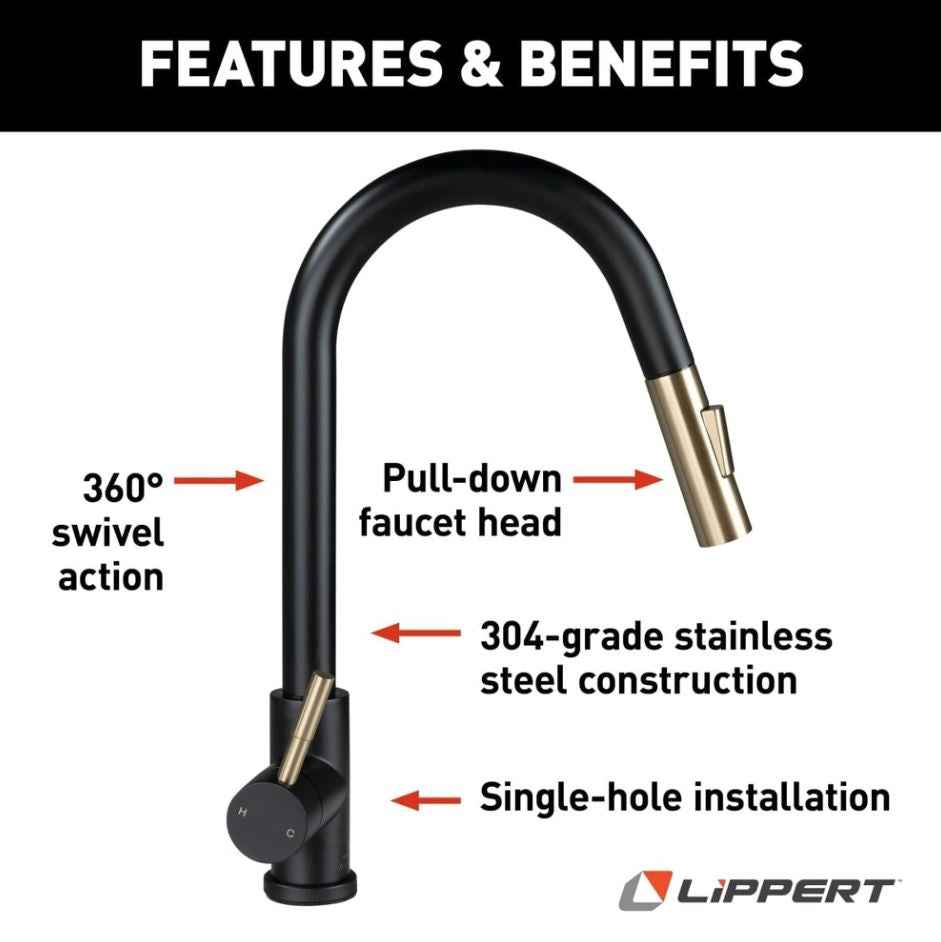 Lippert 2024000071 Kitchen Faucet - Black/Gold, Pull Out Spout