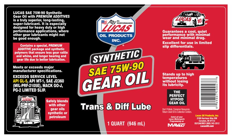 Lucas Oil 10047 Synthetic SAE 75W-90 Gear Oil