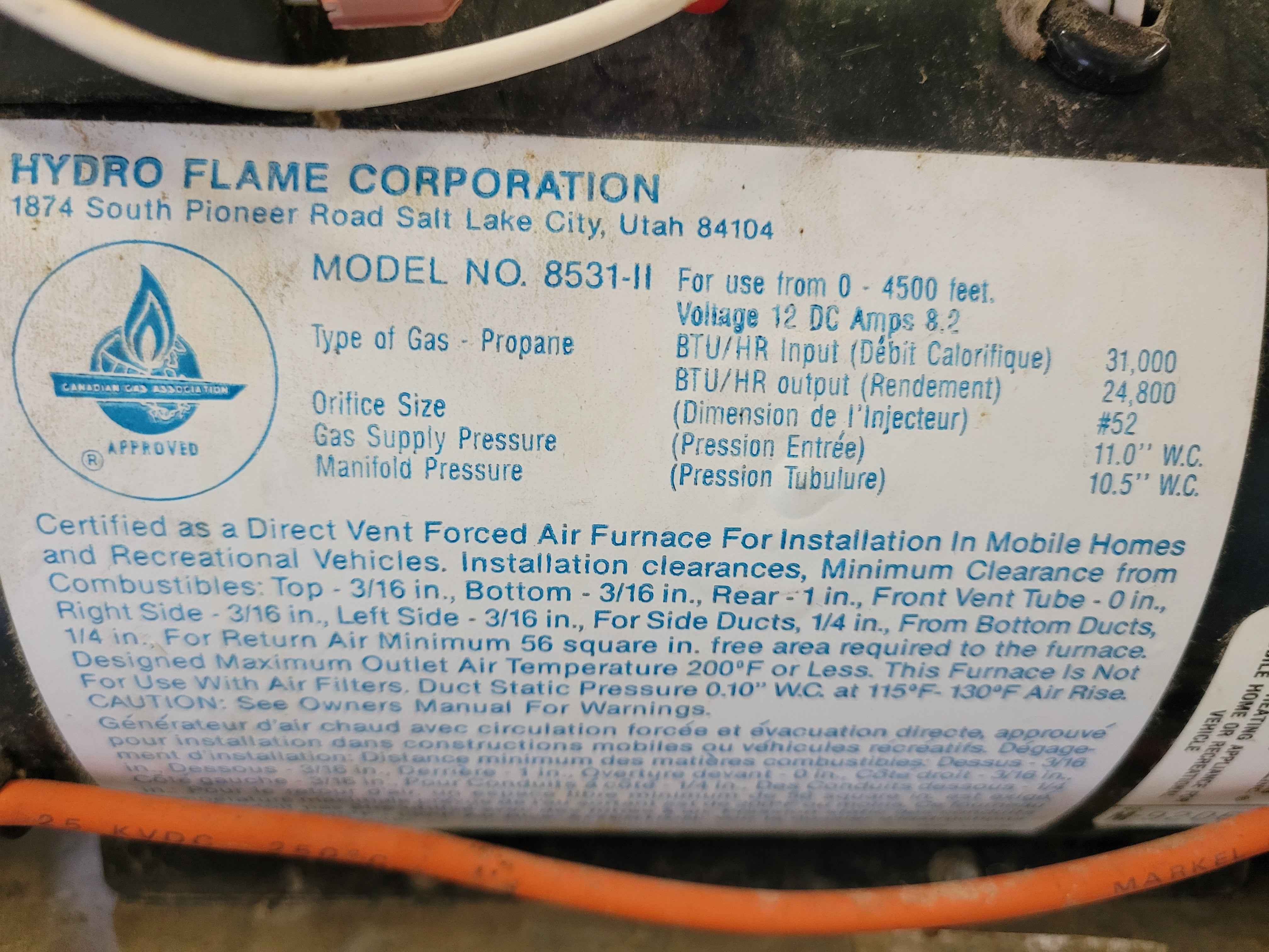 RV Propane Furnace 31000 BTU Hydroflame/Atwood