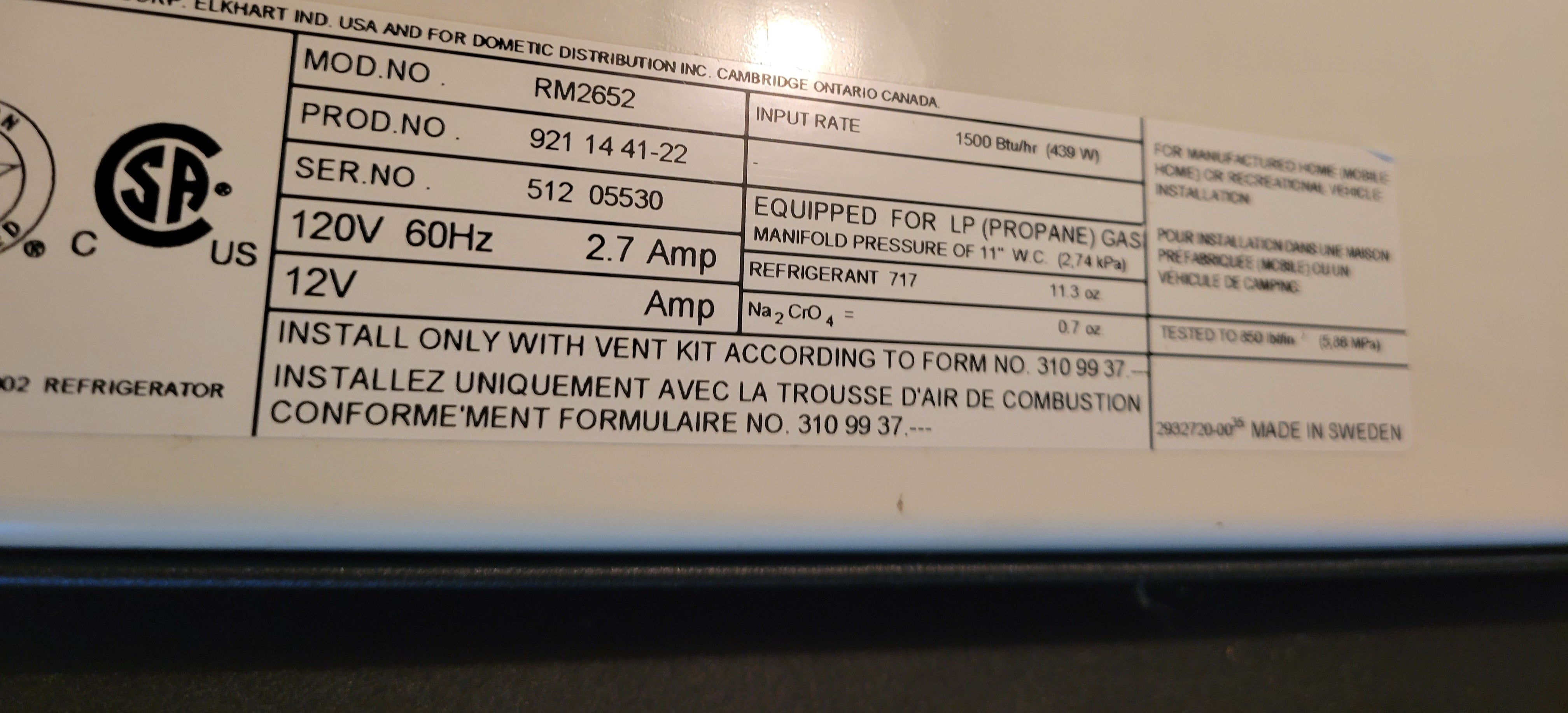 Dometic RM2652 Propane and Electric Refrigerator RV