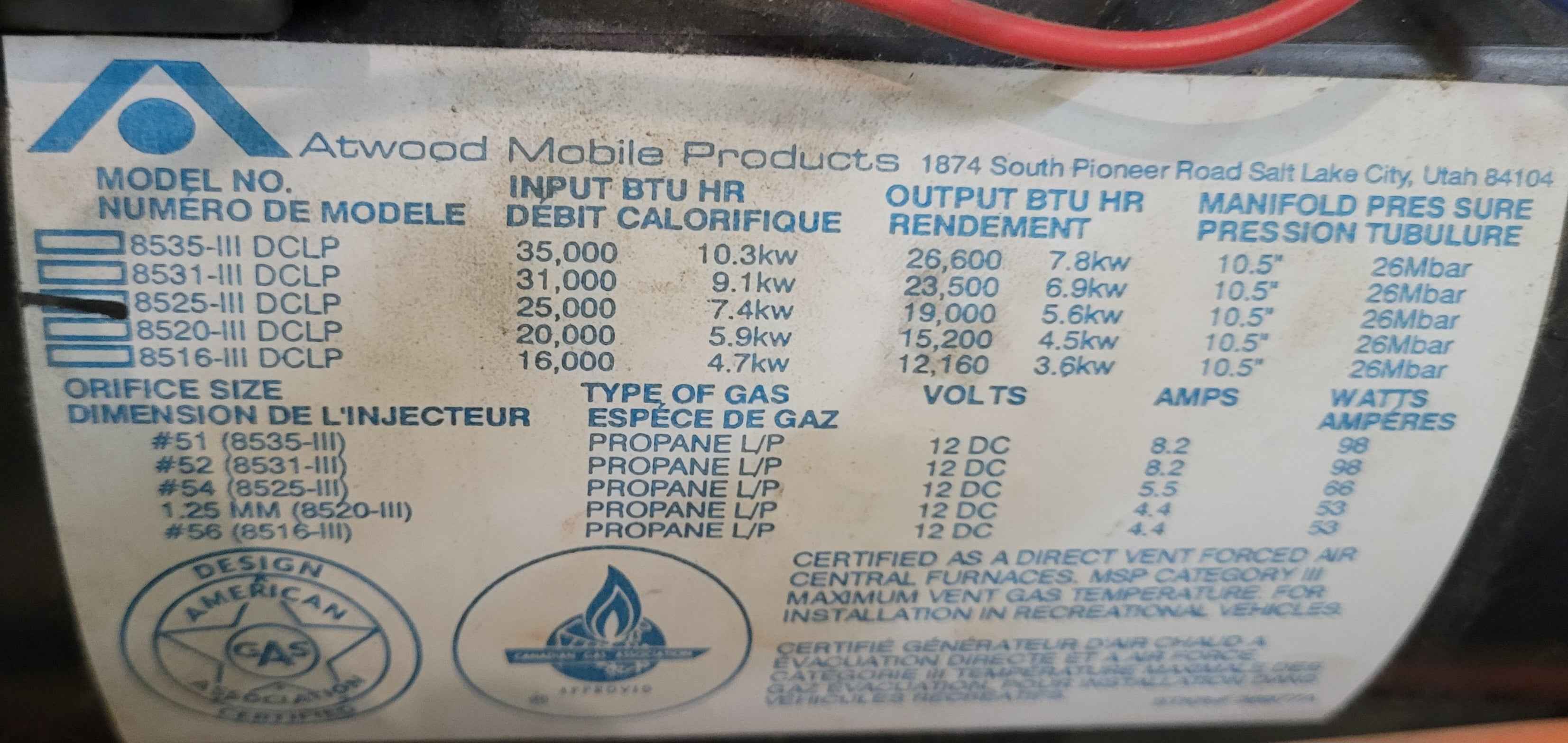 Atwood 8525-III DCLP RV Propane Furnace – 25,000 BTU