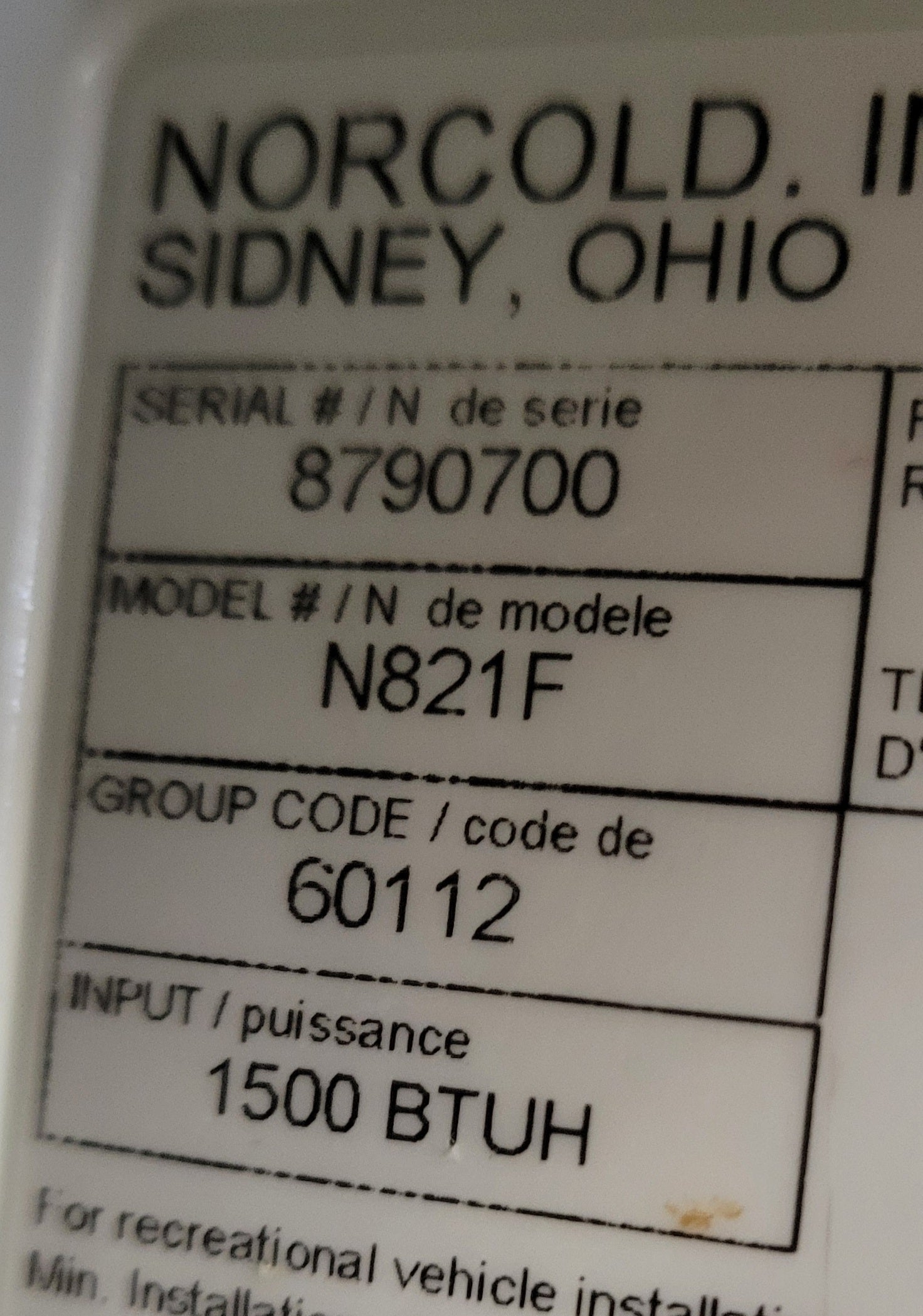 Norcold N821F RV Propane Electric Refrigerator 8 Cu Ft 2-Way 110V LP Gas