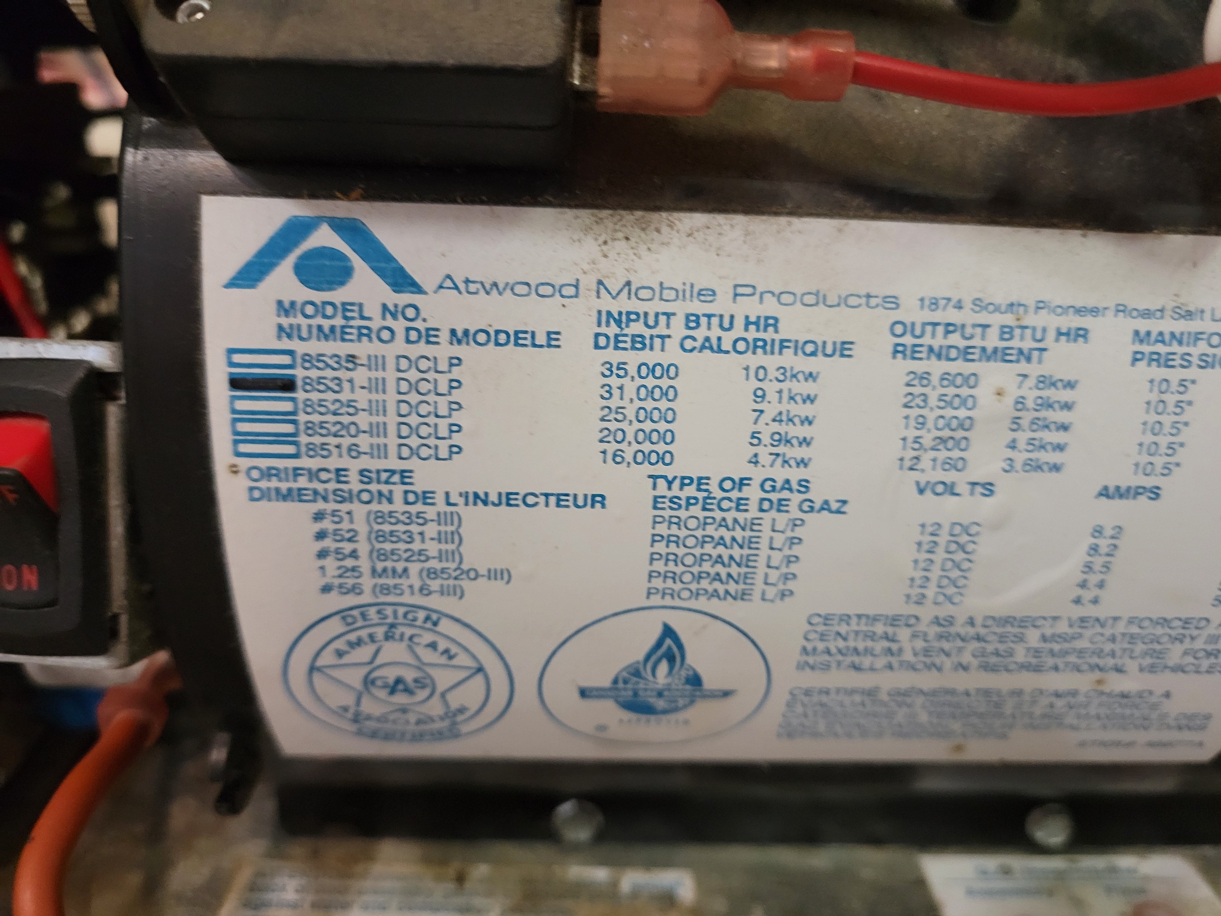 Atwood RV Propane Furnace 31000 BTU 8531-III DCLP