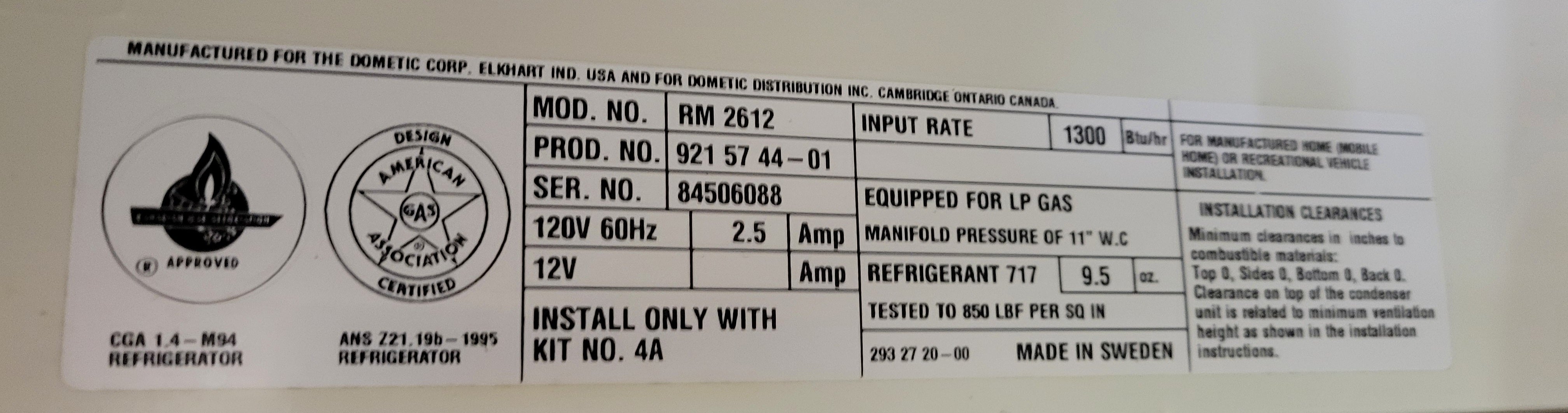 Dometic Rm2612 Propane and 110v RV Refrigerator