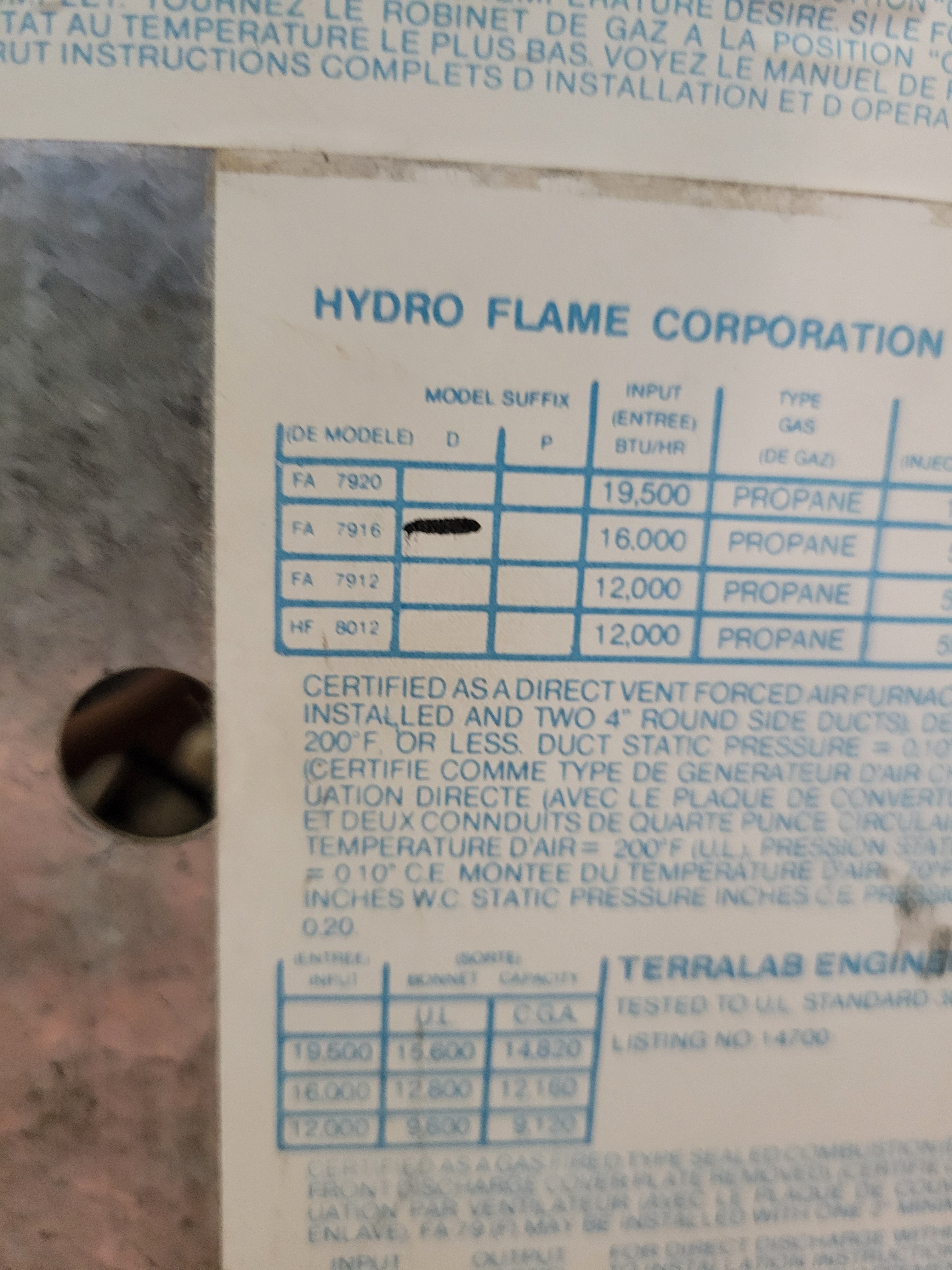 RV Propane Furnace Hydroflame FA 7916 16000 BTU