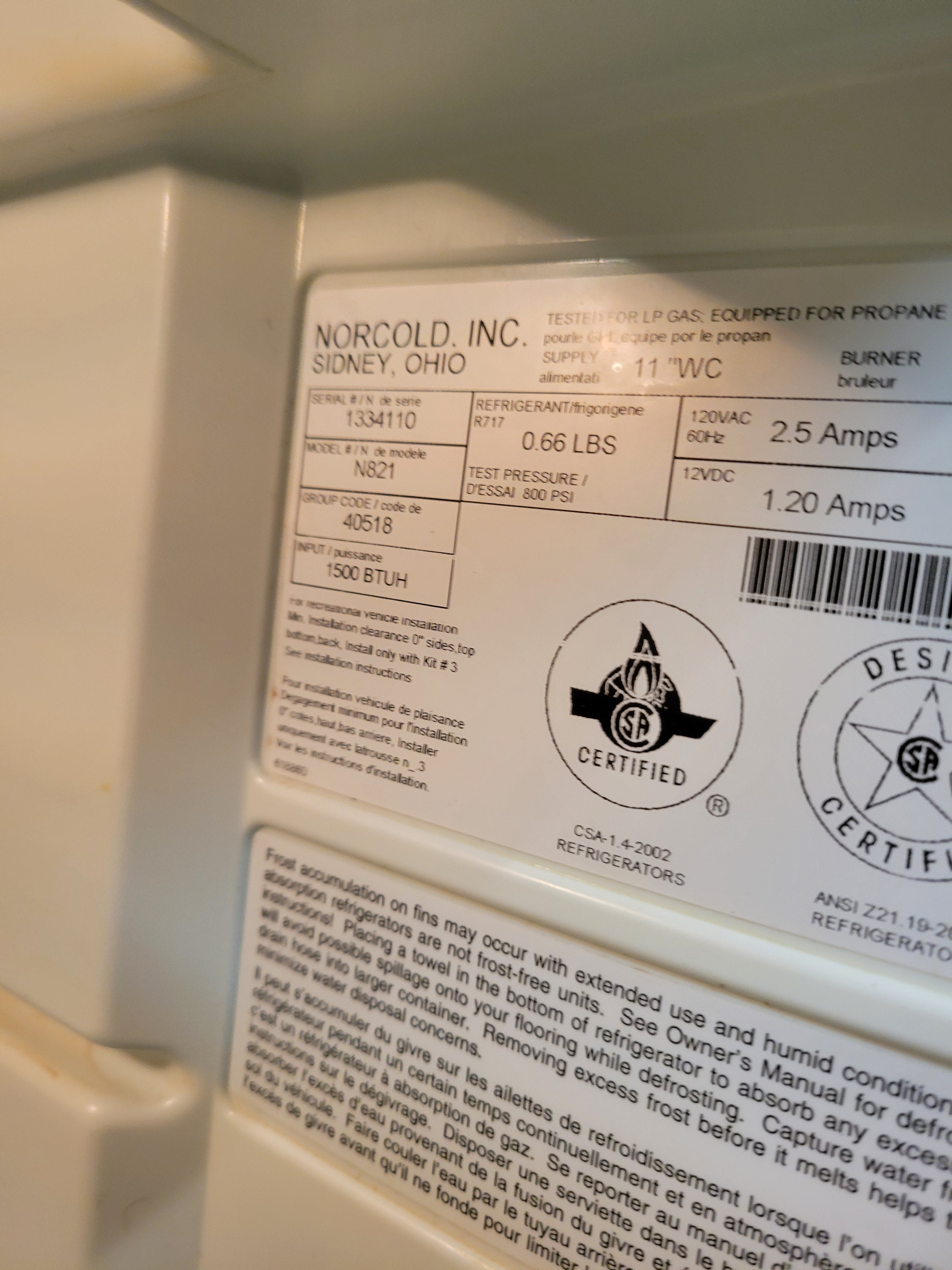 Norcold N821 RV Propane Electric Refrigerator 8 Cu Ft 2-Way 110V LP Gas