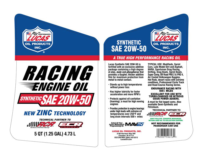 Lucas Oil 10616 SAE 20W-50 Synthetic Racing Oil
