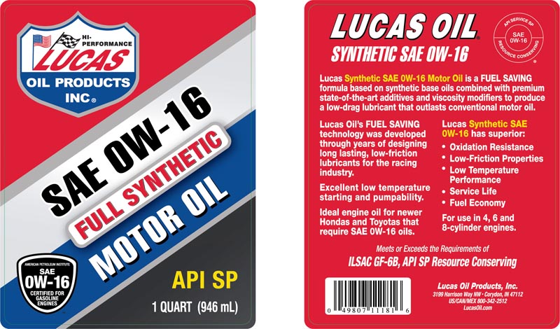 Lucas Oil 11181 SAE 0W-16 Synthetic 4-Stroke Oil