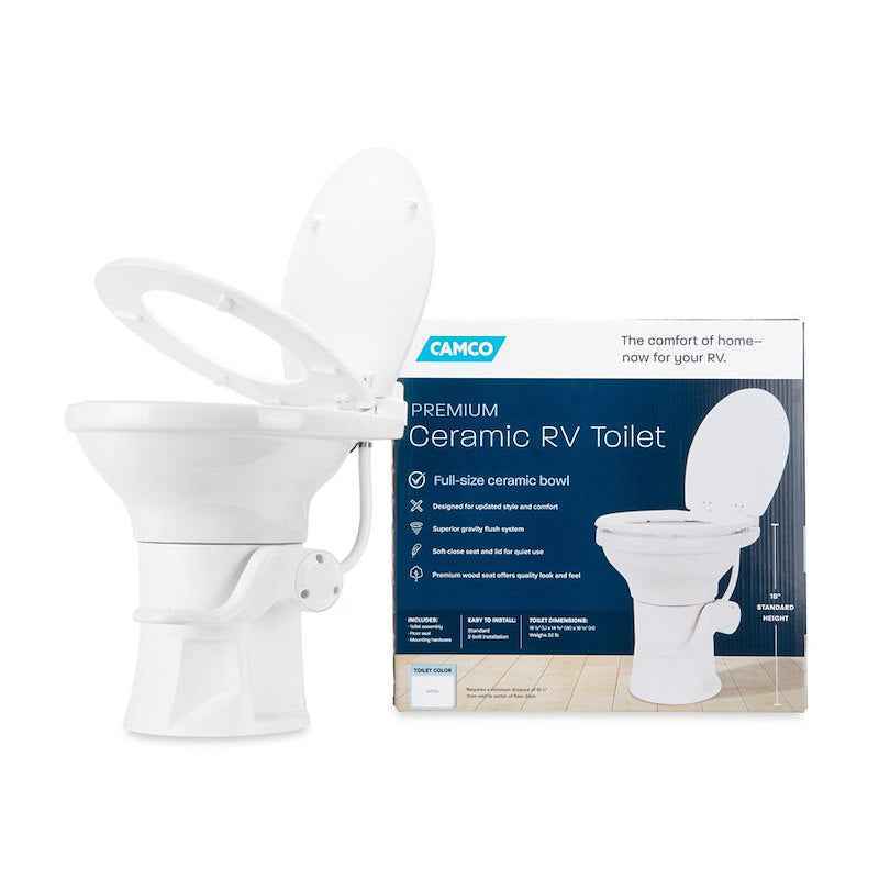 RV Toilet High Profile – 41710 Permanent Pedal Flush – Wood Seat – White