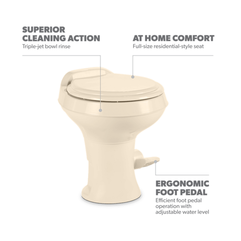 Dometic 300 Series RV Toilet – Bone, Round Seat, Pedal Flush 302300073