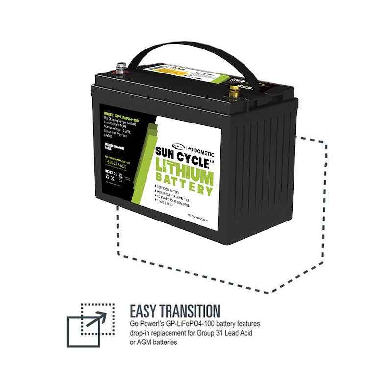 Go Power Lithium Battery GP-LIFEP04-100 Group 31 12.8V 100Ah RV Marine Solar