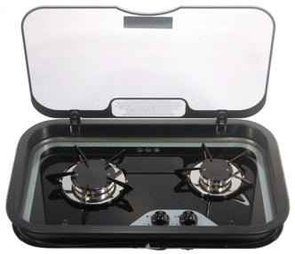 Spinflo 2-Burner Propane Cooktop – Black with Smoke Glass Lid SHB16250Y