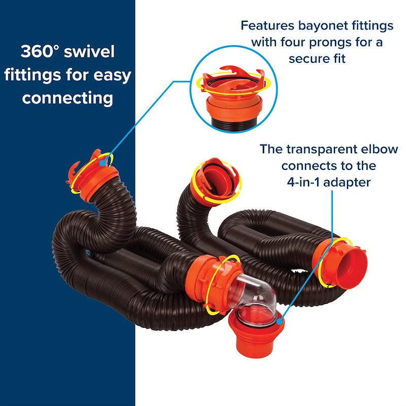 Camco 39741 RhinoFLEX 20' RV Sewer Hose Kit with Swivel Fittings & 4-in-1 Adapter