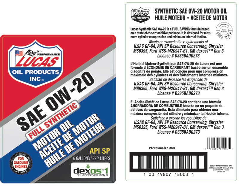 Lucas Oil 18003 SAE 0W-20 Synthetic 4-Stroke Oil