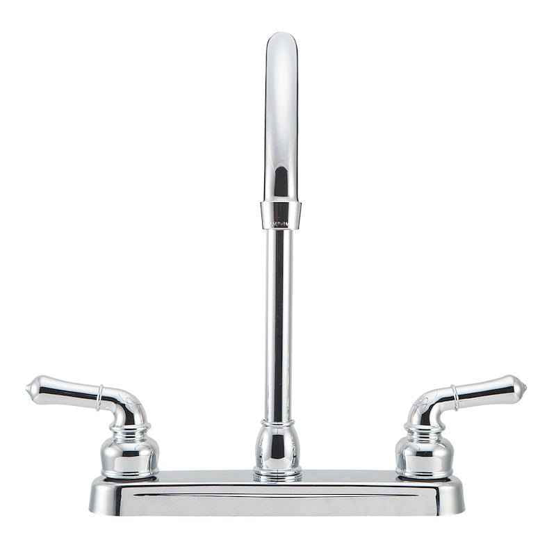 Kitchen Faucet – 12" J-Spout, 8" Deck Mount, Dual Teapot Handles, Chrome